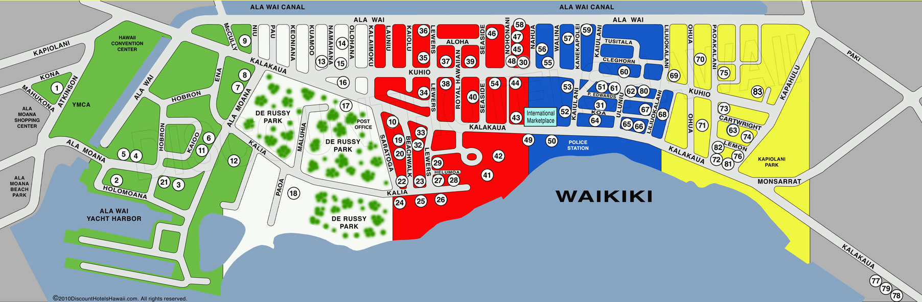 Waikiki Map with hotels and condos from $75 (808)394-2112.